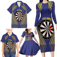 Personalised Niue Darts Family Matching Long Sleeve Bodycon Dress and Hawaiian Shirt Dart Board Hiapo Pattern - Polynesian Pride