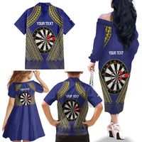 Personalised Niue Darts Family Matching Off The Shoulder Long Sleeve Dress and Hawaiian Shirt Dart Board Hiapo Pattern - Polynesian Pride