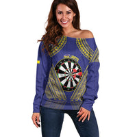 Personalised Niue Darts Off Shoulder Sweater Dart Board Hiapo Pattern - Polynesian Pride