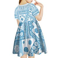 Blue Bula Fiji Kid Short Sleeve Dress Unique Masi Tapa Pattern