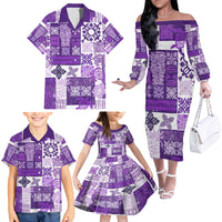 Hawaiian Quilt Family Matching Off Shoulder Long Sleeve Dress and Hawaiian Shirt Tiki Tropical Retro Purple Version LT14 - Polynesian Pride