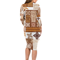 Hawaiian Quilt Long Sleeve Bodycon Dress Tiki Tropical Retro Brown Version LT14 - Polynesian Pride