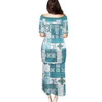Hawaiian Quilt Family Matching Puletasi Dress and Hawaiian Shirt Tiki Tropical Retro Dark Cyan Version LT14 - Polynesian Pride