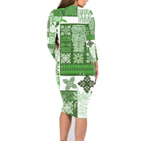 Hawaiian Quilt Family Matching Long Sleeve Bodycon Dress and Hawaiian Shirt Tiki Tropical Retro Green Version LT14 - Polynesian Pride