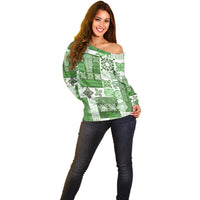 Hawaiian Quilt Off Shoulder Sweater Tiki Tropical Retro Green Version LT14 - Polynesian Pride