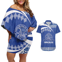 Personalised Tonga Tupou College Toloa Couples Matching Off Shoulder Short Dress and Hawaiian Shirt 160 Years Anniversary Tongan Ngatu Pattern LT14 Blue - Polynesian Pride