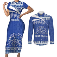Personalised Tonga Tupou College Toloa Couples Matching Short Sleeve Bodycon Dress and Long Sleeve Button Shirt 160 Years Anniversary Tongan Ngatu Pattern LT14 Blue - Polynesian Pride