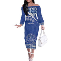 Personalised Tonga Tupou College Toloa Off The Shoulder Long Sleeve Dress 160 Years Anniversary Tongan Ngatu Pattern LT14 Women Blue - Polynesian Pride
