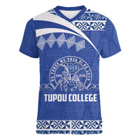 Personalised Tonga Tupou College Toloa Women V-Neck T-Shirt 160 Years Anniversary Tongan Ngatu Pattern LT14 Female Blue - Polynesian Pride