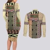 Beige Aotearoa Kowhaiwhai Pattern Couples Matching Long Sleeve Bodycon Dress and Long Sleeve Button Shirt NZ Maori Quilt Style LT14 - Polynesian Pride