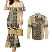 Beige Aotearoa Kowhaiwhai Pattern Couples Matching Mermaid Dress and Long Sleeve Button Shirt NZ Maori Quilt Style LT14 Beige - Polynesian Pride