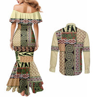 Beige Aotearoa Kowhaiwhai Pattern Couples Matching Mermaid Dress and Long Sleeve Button Shirt NZ Maori Quilt Style LT14 - Polynesian Pride