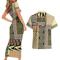 Beige Aotearoa Kowhaiwhai Pattern Couples Matching Short Sleeve Bodycon Dress and Hawaiian Shirt NZ Maori Quilt Style LT14 - Polynesian Pride