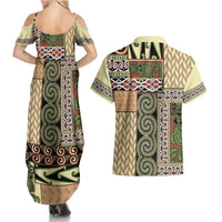 Beige Aotearoa Kowhaiwhai Pattern Couples Matching Summer Maxi Dress and Hawaiian Shirt NZ Maori Quilt Style LT14 - Polynesian Pride