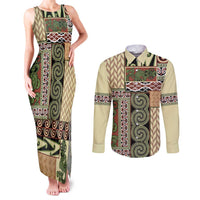 Beige Aotearoa Kowhaiwhai Pattern Couples Matching Tank Maxi Dress and Long Sleeve Button Shirt NZ Maori Quilt Style LT14 Beige - Polynesian Pride