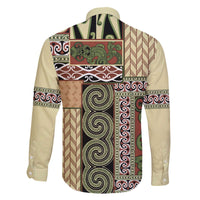 Beige Aotearoa Kowhaiwhai Pattern Family Matching Off The Shoulder Long Sleeve Dress and Hawaiian Shirt NZ Maori Quilt Style