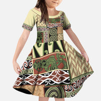 Beige Aotearoa Kowhaiwhai Pattern Family Matching Puletasi and Hawaiian Shirt NZ Maori Quilt Style LT14 Daughter's Dress Beige - Polynesian Pride