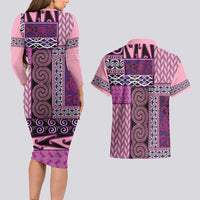 Pink Aotearoa Kowhaiwhai Pattern Couples Matching Long Sleeve Bodycon Dress and Hawaiian Shirt NZ Maori Quilt Style LT14 - Polynesian Pride