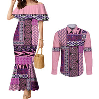 Pink Aotearoa Kowhaiwhai Pattern Couples Matching Mermaid Dress and Long Sleeve Button Shirt NZ Maori Quilt Style LT14 Pink - Polynesian Pride
