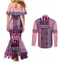 Pink Aotearoa Kowhaiwhai Pattern Couples Matching Mermaid Dress and Long Sleeve Button Shirt NZ Maori Quilt Style LT14 - Polynesian Pride
