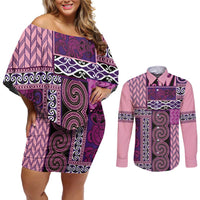 Pink Aotearoa Kowhaiwhai Pattern Couples Matching Off Shoulder Short Dress and Long Sleeve Button Shirt NZ Maori Quilt Style LT14 Pink - Polynesian Pride