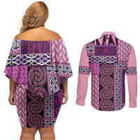 Pink Aotearoa Kowhaiwhai Pattern Couples Matching Off Shoulder Short Dress and Long Sleeve Button Shirt NZ Maori Quilt Style LT14 - Polynesian Pride