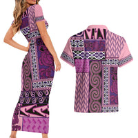Pink Aotearoa Kowhaiwhai Pattern Couples Matching Short Sleeve Bodycon Dress and Hawaiian Shirt NZ Maori Quilt Style LT14 - Polynesian Pride