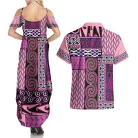 Pink Aotearoa Kowhaiwhai Pattern Couples Matching Summer Maxi Dress and Hawaiian Shirt NZ Maori Quilt Style LT14 - Polynesian Pride