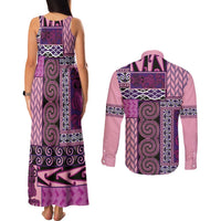 Pink Aotearoa Kowhaiwhai Pattern Couples Matching Tank Maxi Dress and Long Sleeve Button Shirt NZ Maori Quilt Style LT14 - Polynesian Pride