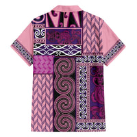 Pink Aotearoa Kowhaiwhai Pattern Family Matching Off The Shoulder Long Sleeve Dress and Hawaiian Shirt NZ Maori Quilt Style