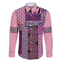 Pink Aotearoa Kowhaiwhai Pattern Family Matching Puletasi and Hawaiian Shirt NZ Maori Quilt Style LT14 Dad's Shirt - Long Sleeve Pink - Polynesian Pride