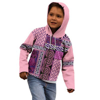 Pink Aotearoa Kowhaiwhai Pattern Kid Hoodie NZ Maori Quilt Style