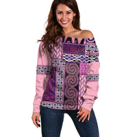 Pink Aotearoa Kowhaiwhai Pattern Off Shoulder Sweater NZ Maori Quilt Style LT14 Women Pink - Polynesian Pride