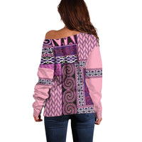 Pink Aotearoa Kowhaiwhai Pattern Off Shoulder Sweater NZ Maori Quilt Style LT14 - Polynesian Pride