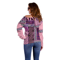 Pink Aotearoa Kowhaiwhai Pattern Off Shoulder Sweater NZ Maori Quilt Style LT14 - Polynesian Pride