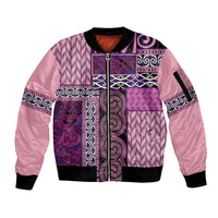 Pink Aotearoa Kowhaiwhai Pattern Sleeve Zip Bomber Jacket NZ Maori Quilt Style LT14 Unisex Pink - Polynesian Pride