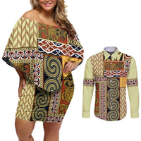 Yellow Aotearoa Kowhaiwhai Pattern Couples Matching Off Shoulder Short Dress and Long Sleeve Button Shirt NZ Maori Quilt Style LT14 Yellow - Polynesian Pride