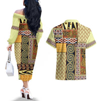 Yellow Aotearoa Kowhaiwhai Pattern Couples Matching Off The Shoulder Long Sleeve Dress and Hawaiian Shirt NZ Maori Quilt Style