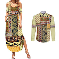 Yellow Aotearoa Kowhaiwhai Pattern Couples Matching Summer Maxi Dress and Long Sleeve Button Shirt NZ Maori Quilt Style LT14 Yellow - Polynesian Pride