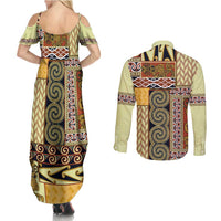 Yellow Aotearoa Kowhaiwhai Pattern Couples Matching Summer Maxi Dress and Long Sleeve Button Shirt NZ Maori Quilt Style LT14 - Polynesian Pride