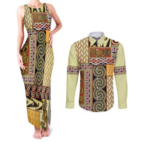 Yellow Aotearoa Kowhaiwhai Pattern Couples Matching Tank Maxi Dress and Long Sleeve Button Shirt NZ Maori Quilt Style LT14 Yellow - Polynesian Pride