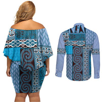 Blue Aotearoa Kowhaiwhai Pattern Couples Matching Off Shoulder Short Dress and Long Sleeve Button Shirt NZ Maori Quilt Style