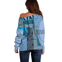 Blue Aotearoa Kowhaiwhai Pattern Off Shoulder Sweater NZ Maori Quilt Style