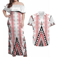 Aotearoa Taniko Couples Matching Off Shoulder Maxi Dress and Hawaiian Shirt Niho Taniwha Purapura Whetu Mix Poutama LT14 White - Polynesian Pride