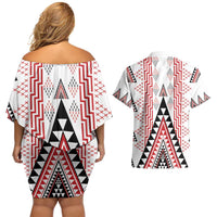 Aotearoa Taniko Couples Matching Off Shoulder Short Dress and Hawaiian Shirt Niho Taniwha Purapura Whetu Mix Poutama LT14 - Polynesian Pride