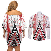 Aotearoa Taniko Couples Matching Off Shoulder Short Dress and Long Sleeve Button Shirt Niho Taniwha Purapura Whetu Mix Poutama LT14 - Polynesian Pride