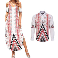 Aotearoa Taniko Couples Matching Summer Maxi Dress and Long Sleeve Button Shirt Niho Taniwha Purapura Whetu Mix Poutama LT14 White - Polynesian Pride