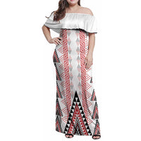 Aotearoa Taniko Family Matching Off Shoulder Maxi Dress and Hawaiian Shirt Niho Taniwha Purapura Whetu Mix Poutama LT14 Mom's Dress White - Polynesian Pride