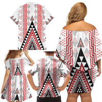 Aotearoa Taniko Family Matching Off Shoulder Short Dress and Hawaiian Shirt Niho Taniwha Purapura Whetu Mix Poutama LT14 - Polynesian Pride
