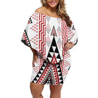Aotearoa Taniko Family Matching Off Shoulder Short Dress and Hawaiian Shirt Niho Taniwha Purapura Whetu Mix Poutama LT14 Mom's Dress White - Polynesian Pride